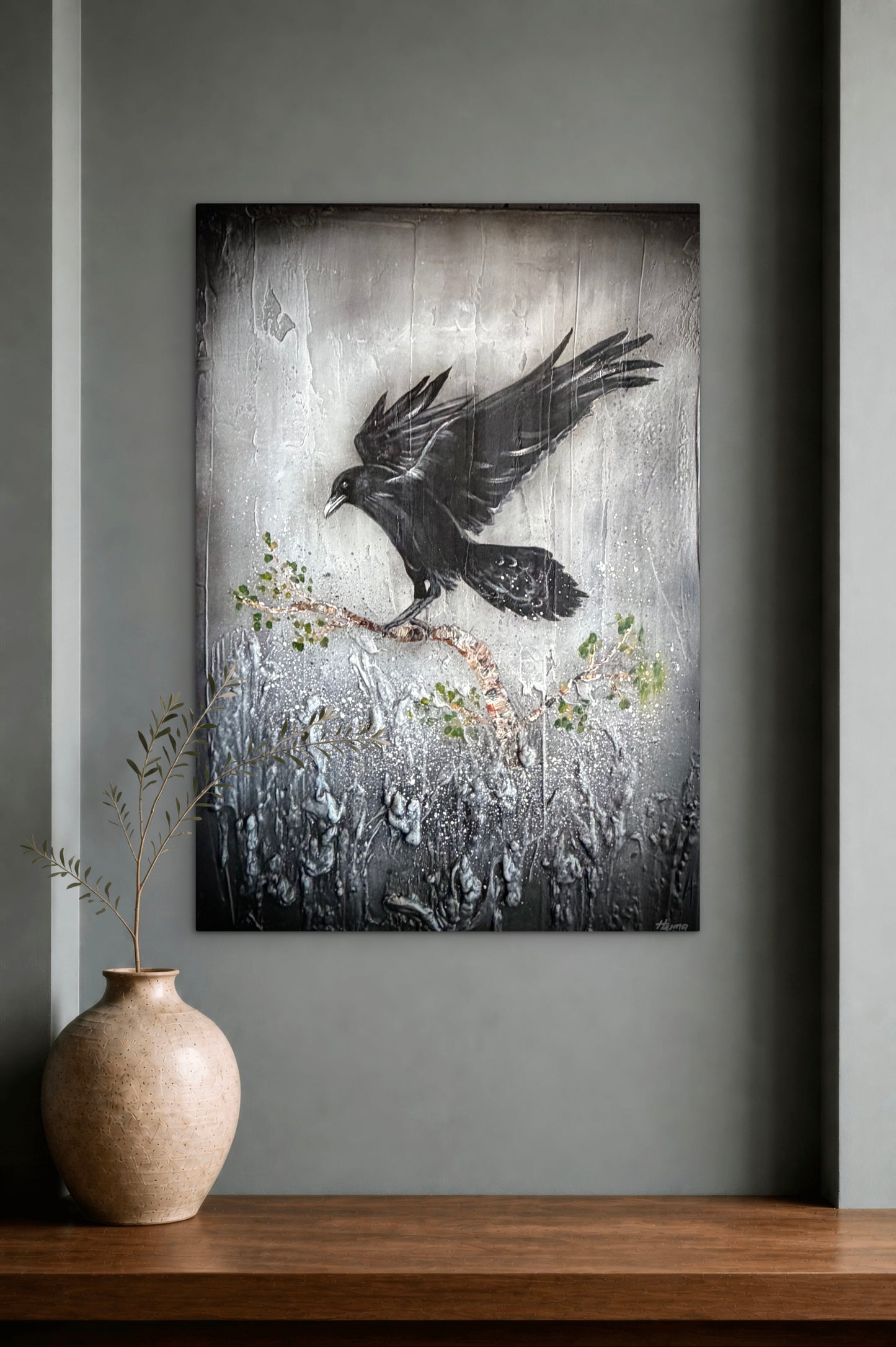 Hrafn á grein - 50 x 70 cm