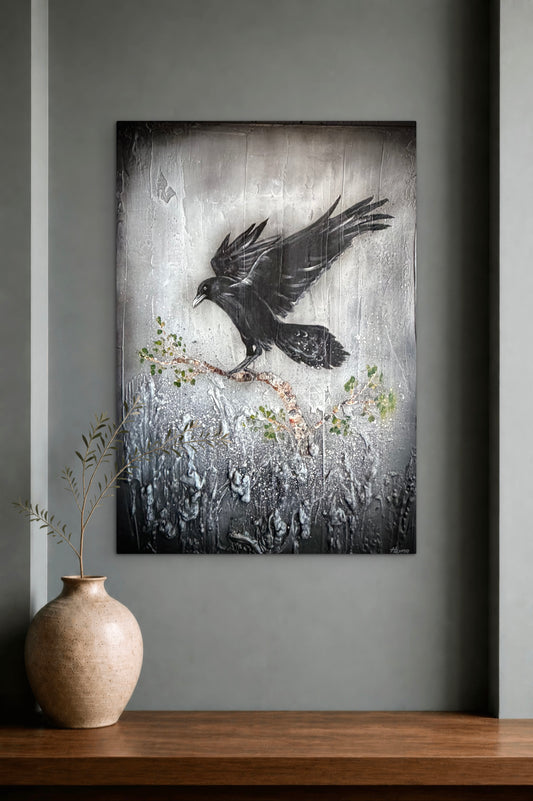 Hrafn á grein - 50 x 70 cm