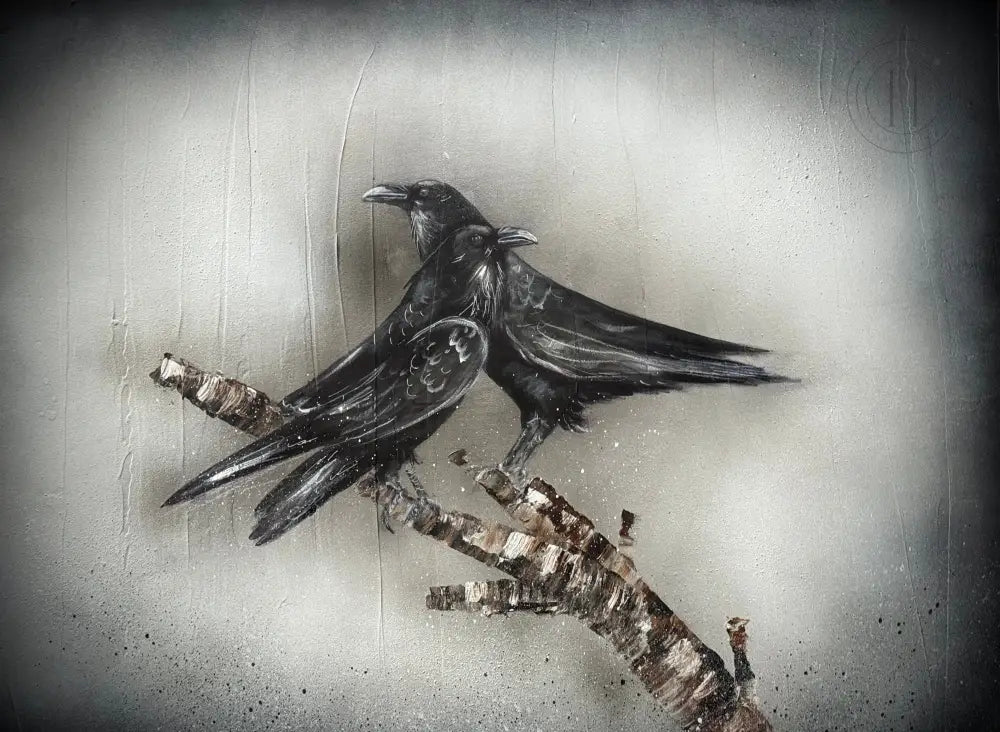 Tveir hrafnar á grein - 60 x 80 cm