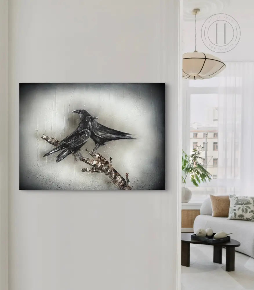 Tveir hrafnar á grein - 60 x 80 cm